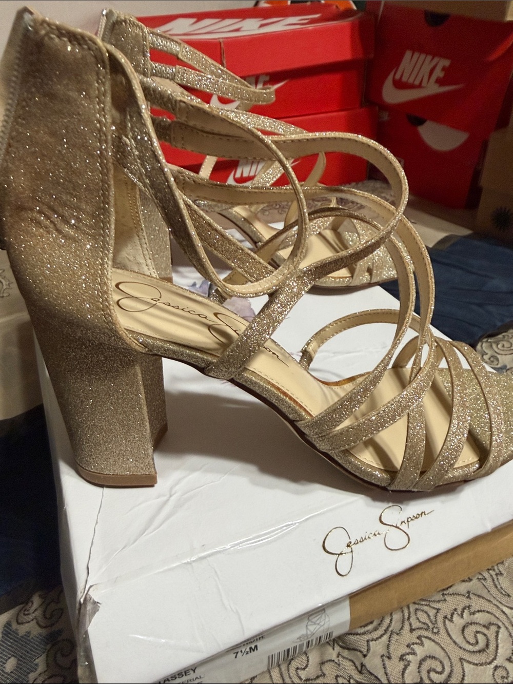 Jessica Simpson Glitter Gold Strappy Block Heels